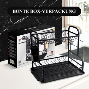 Geschirrabtropfer 2-stufig, Abtropfgestell aus rostfreiem Stahl mit Abtropfschale, Besteck- und Schneidebretthalter, Schwarz
