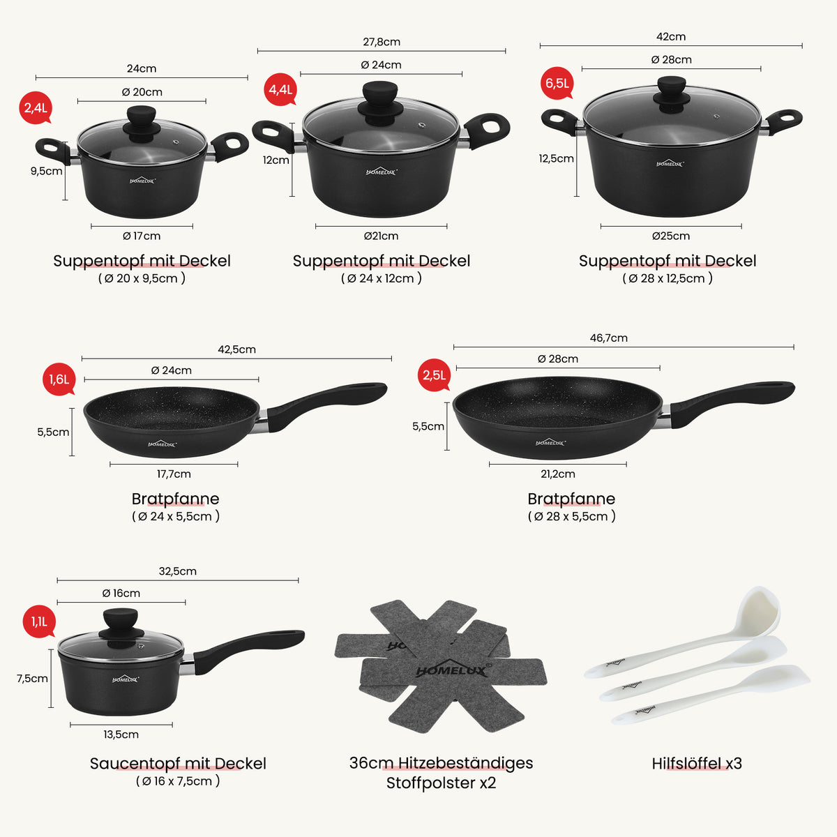 15tlg Topfset Induktions Töpfe Set Antihaft-beschichtete Aluminium KochtopfSet Homelux Töpfe Set