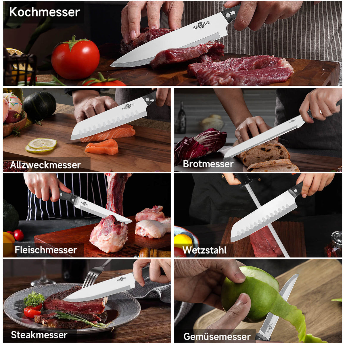 19-teiliges Profi Messerset mit Holzblock – Superscharf, ergonomisch, rostfrei – Küchenmesser, Schärfer, Schere, All-in-One Set