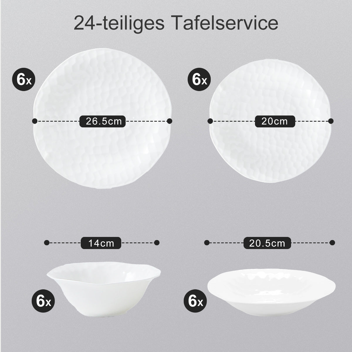 24-tlg. Porzellan-Tafelservice für 6 Personen, Hammerschlag-Optik, spülmaschinenfest