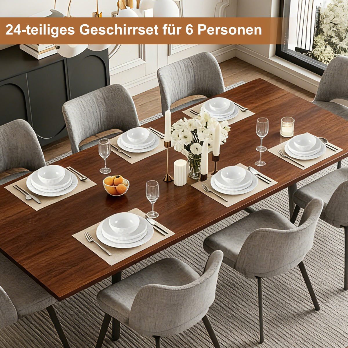 24-teiliges Keramik-Tafelgeschirr-Set für 6 Personen in elegantem Relief-Design, spülmaschinenfest