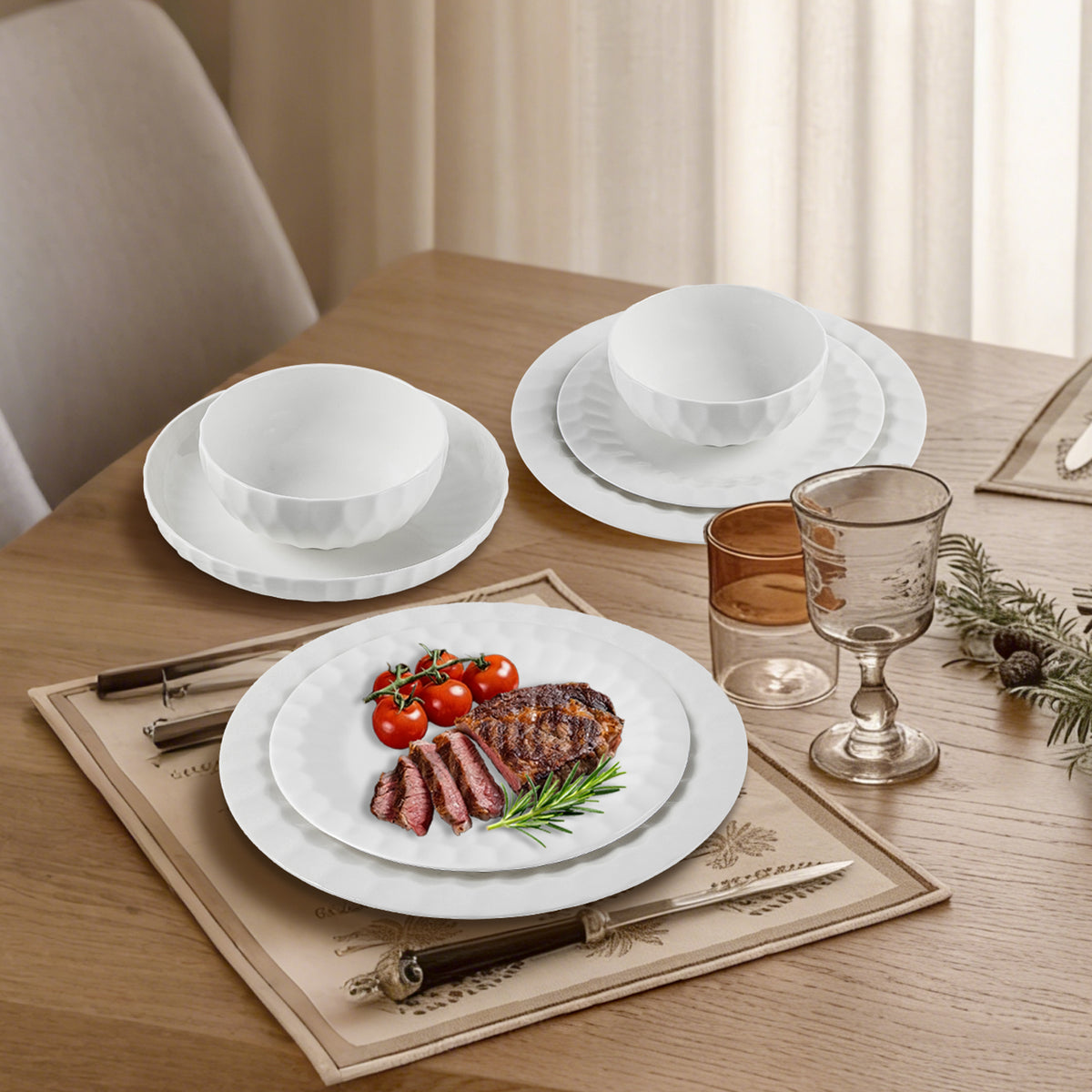 24-teiliges Keramik-Tafelgeschirr-Set für 6 Personen in elegantem Relief-Design, spülmaschinenfest