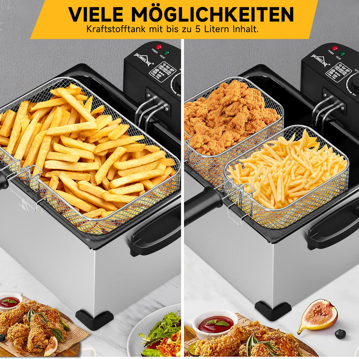 Doppel-Fritteuse 5L Edelstahl, 2000W, 0-190°C, für große Familien, 3 Körbe, einfache Reinigung, Sichtfenster-Deckel