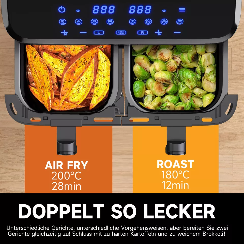 Scheffler Heißluftfritteuse 2 kammern 9L Airfryer 8 Programme Dual Cook & Sync Finish