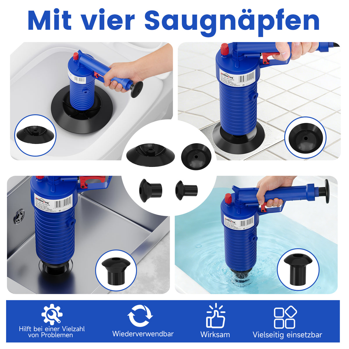 HOMELUX Druckluft Abflussreiniger Pümpel mit 4 Aufsätzen für Toilette, Waschbecken, Bad & Spüle, Hochdruck Rohrfrei ohne Chemie