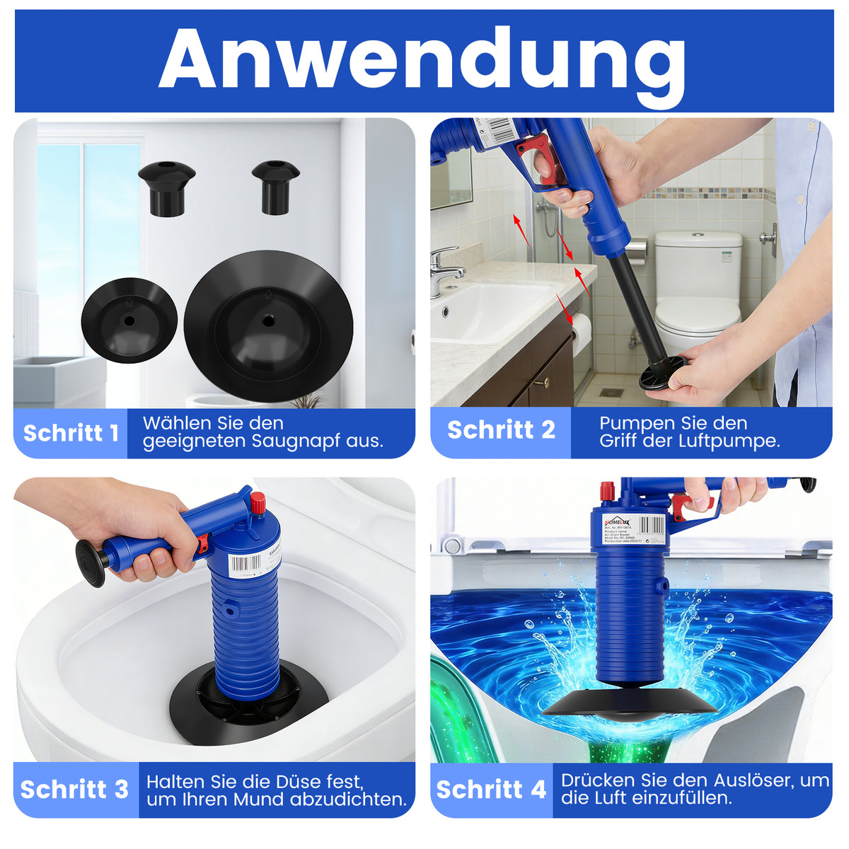 HOMELUX Druckluft Abflussreiniger Pümpel mit 4 Aufsätzen für Toilette, Waschbecken, Bad & Spüle, Hochdruck Rohrfrei ohne Chemie
