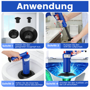 HOMELUX Druckluft Abflussreiniger Pümpel mit 4 Aufsätzen für Toilette, Waschbecken, Bad & Spüle, Hochdruck Rohrfrei ohne Chemie