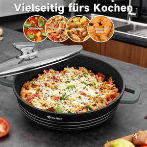 Scheffler 4-teiliges Aluguss 20/24/28/32 cm Topf- und Servierpfannen-Set mit Glasdeckeln  Marmorierte Antihaftbeschichtung, Induktion, PFOA-frei