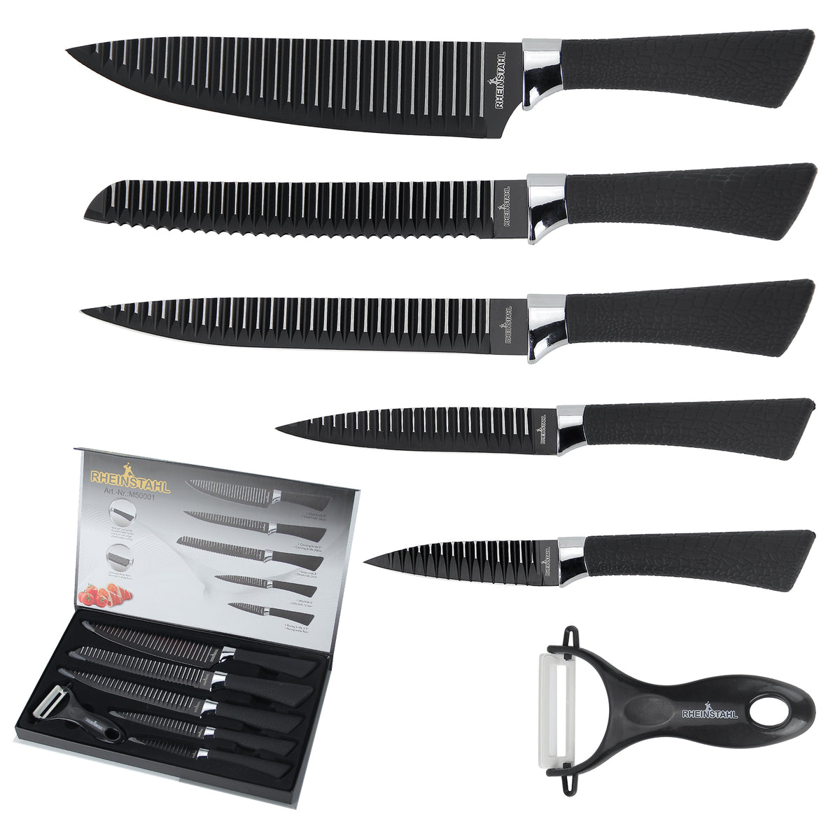6-teiliges Küchenmesserset mit Antihaft-Rillenstruktur, Edelstahl-Klingen, Geschenkbox