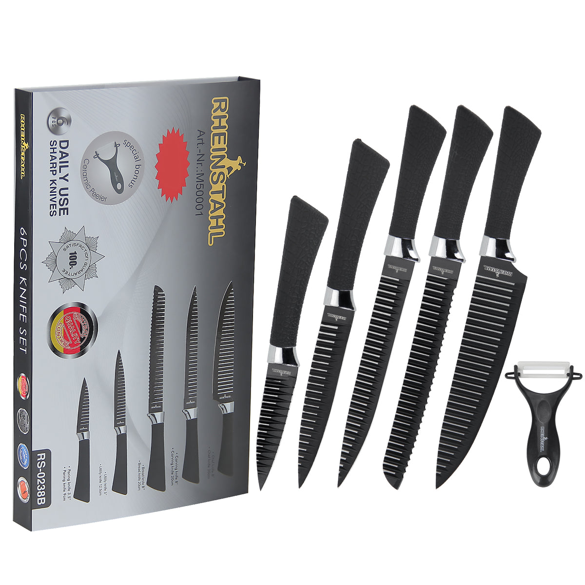 6-teiliges Küchenmesserset mit Antihaft-Rillenstruktur, Edelstahl-Klingen, Geschenkbox