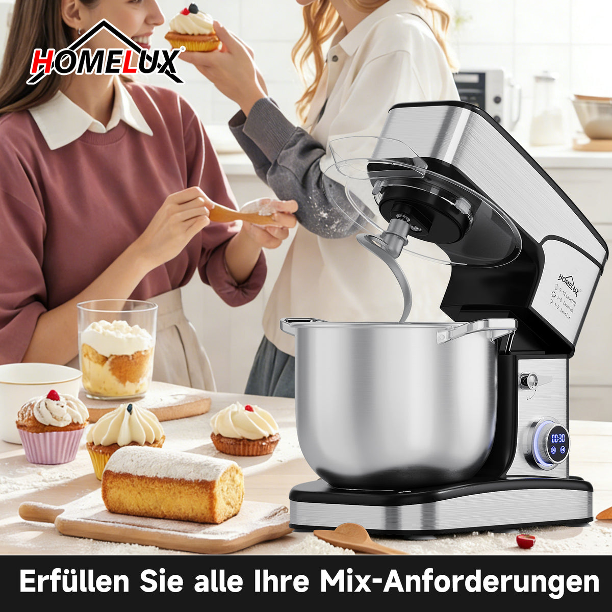 2800W 16L XXL HOMELUX Küchenmaschine mit 16L XXL Edelstahl-Schüssel und digitaler Steuerung