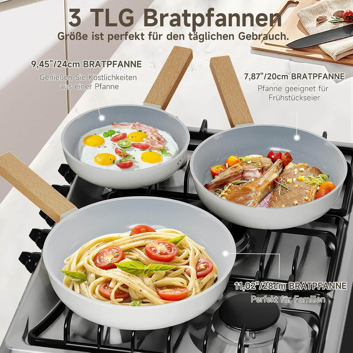 Scheffler Pfannenset 20/24/28cm Bratpfannen mit Antihaft-Beschichtung, Induktionsgeeignet für alle Herdarten