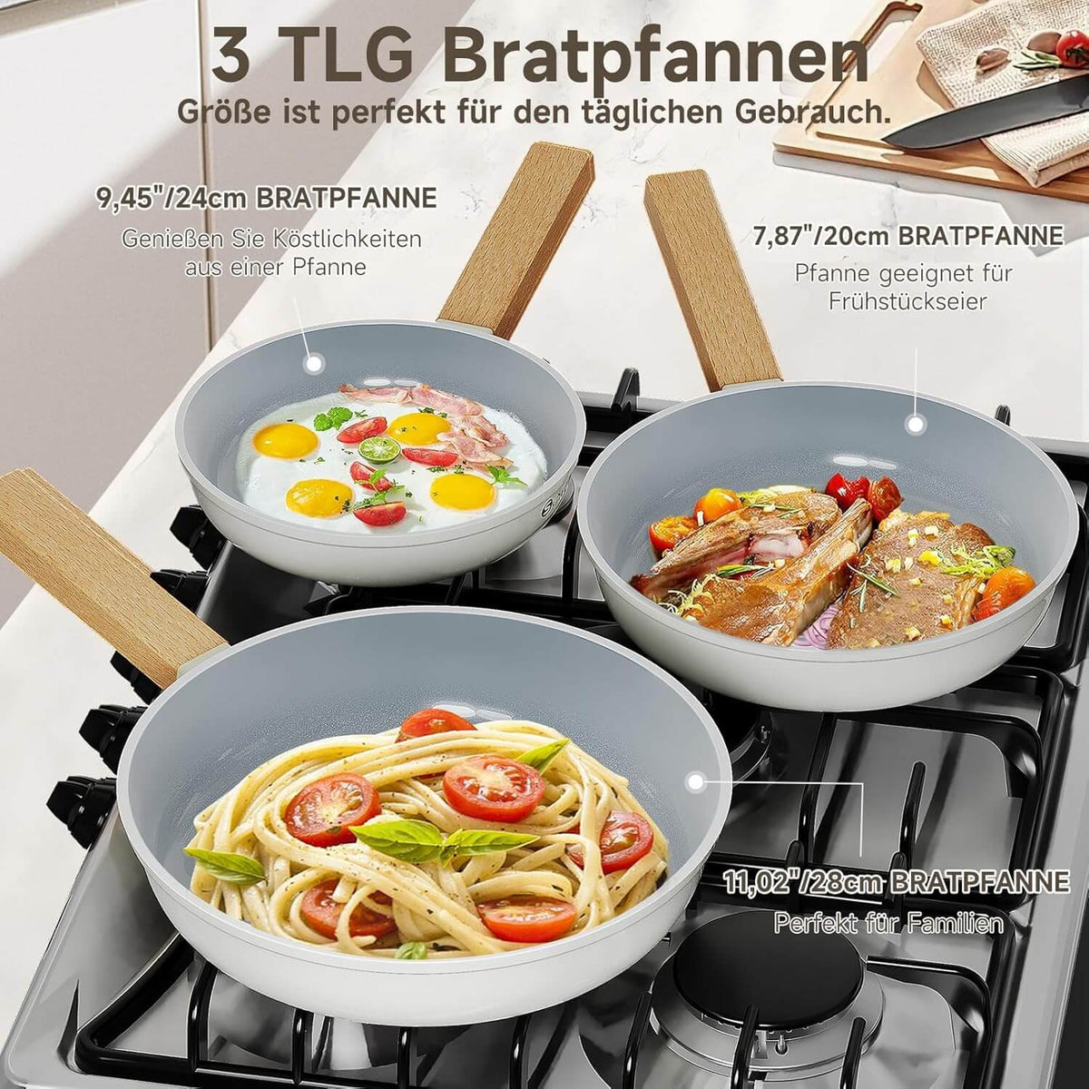 Pfannen-Set Pfanne Ø20/24/28 cm Bratpfanne Antihaftbeschichtung Pfanne Induktion geeignet für alle Herdarten
