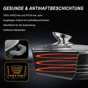 Scheffler Induktions-Servierpfanne aus Aluminiumguss mit marmorierter Antihaftbeschichtung, Glasdeckel und hitzebeständigem Silikongriff