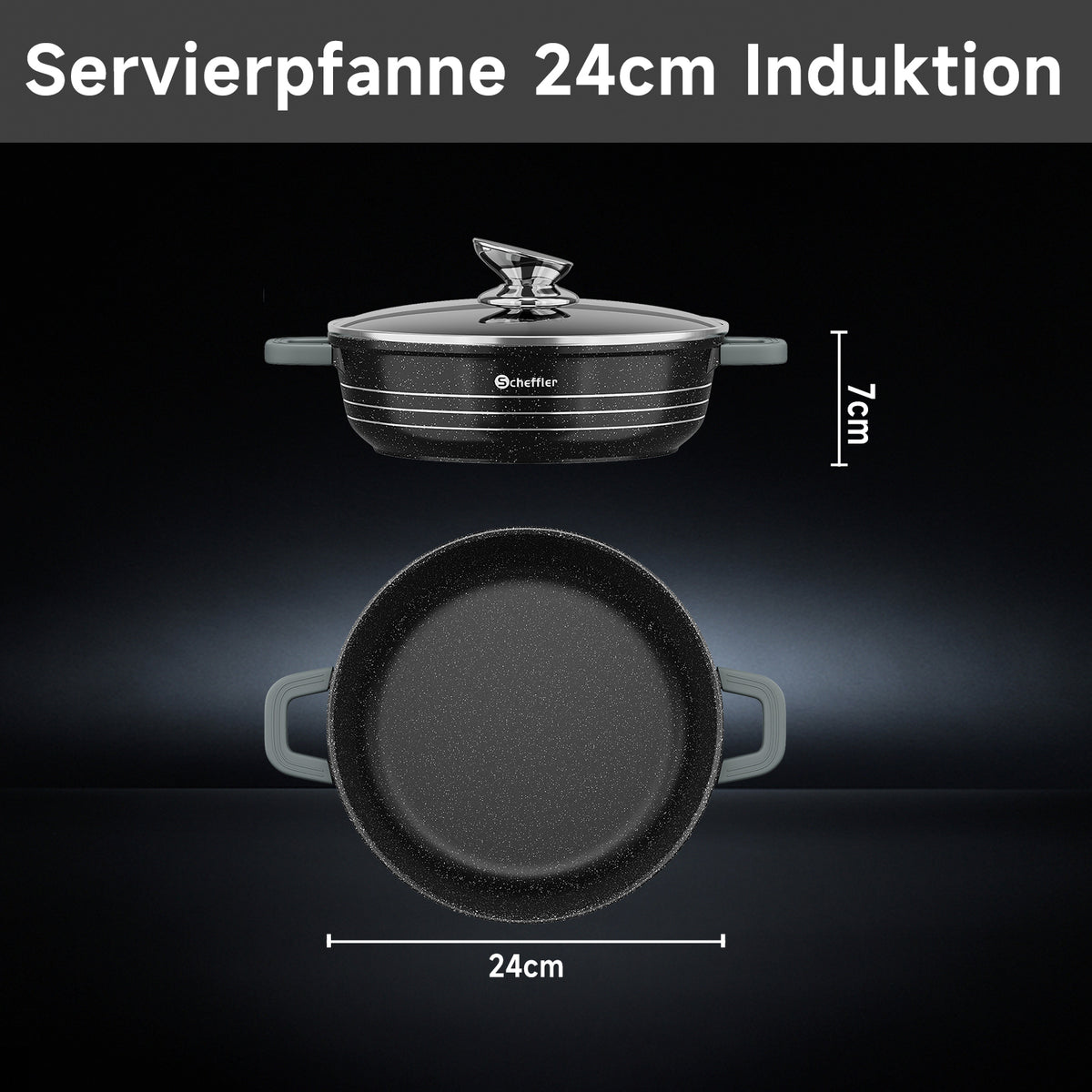 Scheffler Induktions-Servierpfanne aus Aluminiumguss mit marmorierter Antihaftbeschichtung, Glasdeckel und hitzebeständigem Silikongriff