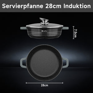 Scheffler Induktions-Servierpfanne aus Aluminiumguss mit marmorierter Antihaftbeschichtung, Glasdeckel und hitzebeständigem Silikongriff