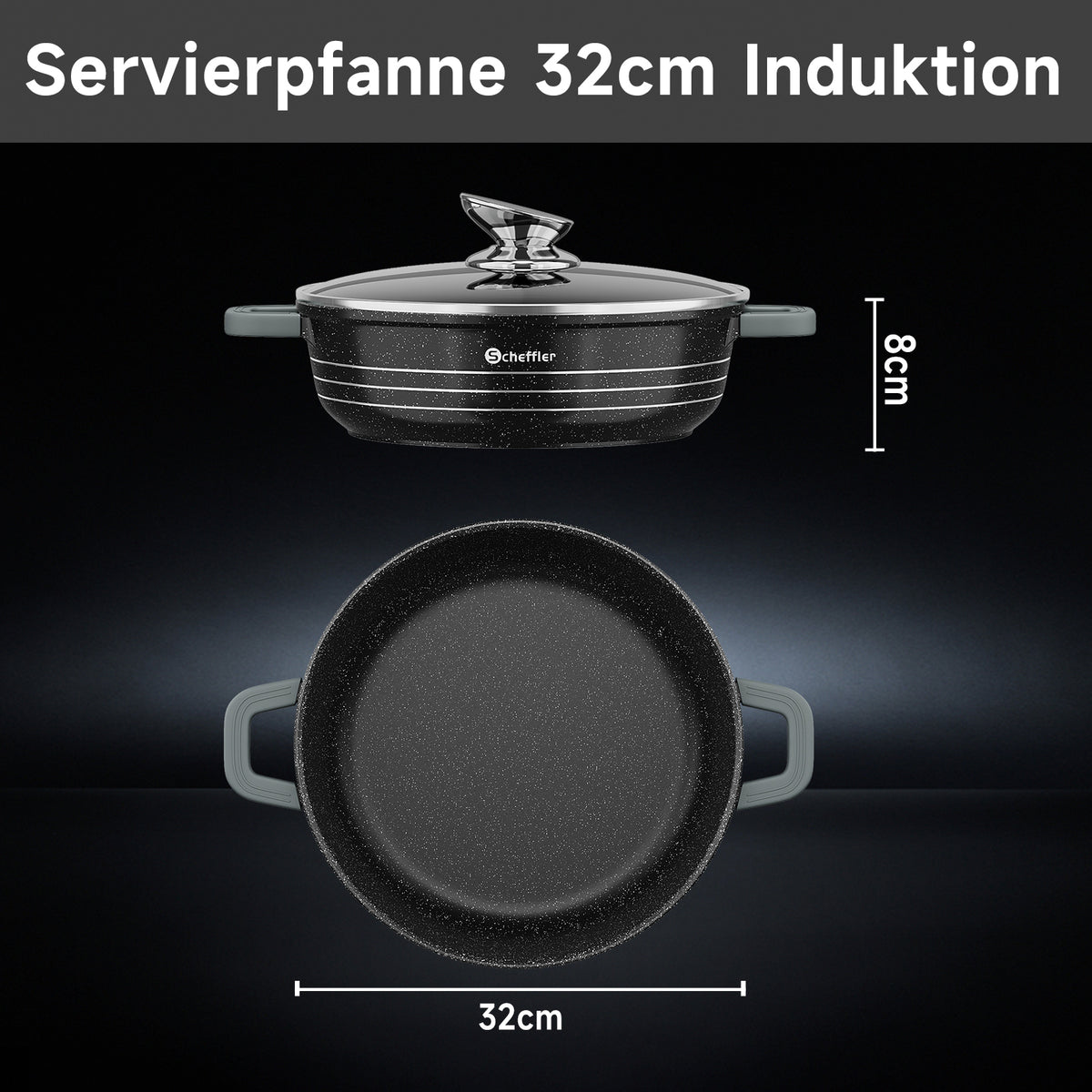 Scheffler Induktions-Servierpfanne aus Aluminiumguss mit marmorierter Antihaftbeschichtung, Glasdeckel und hitzebeständigem Silikongriff