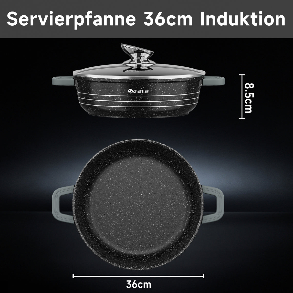 Scheffler Induktions-Servierpfanne aus Aluminiumguss mit marmorierter Antihaftbeschichtung, Glasdeckel und hitzebeständigem Silikongriff