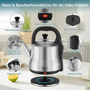 Scheffler XXL Retro Wasserkocher 6 Liter, 1800W Edelstahl Teekocher Kabellos, Schnellkochfunktion, BPA-frei, Filter & Auto-Off