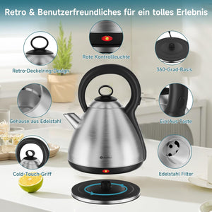 Scheffler Vintage Edelstahl-Wasserkocher 3,5L Kapazität 1800 Watt  Kabelloser Teekessel mit 360° Drehbasis & Auto-Abschaltung