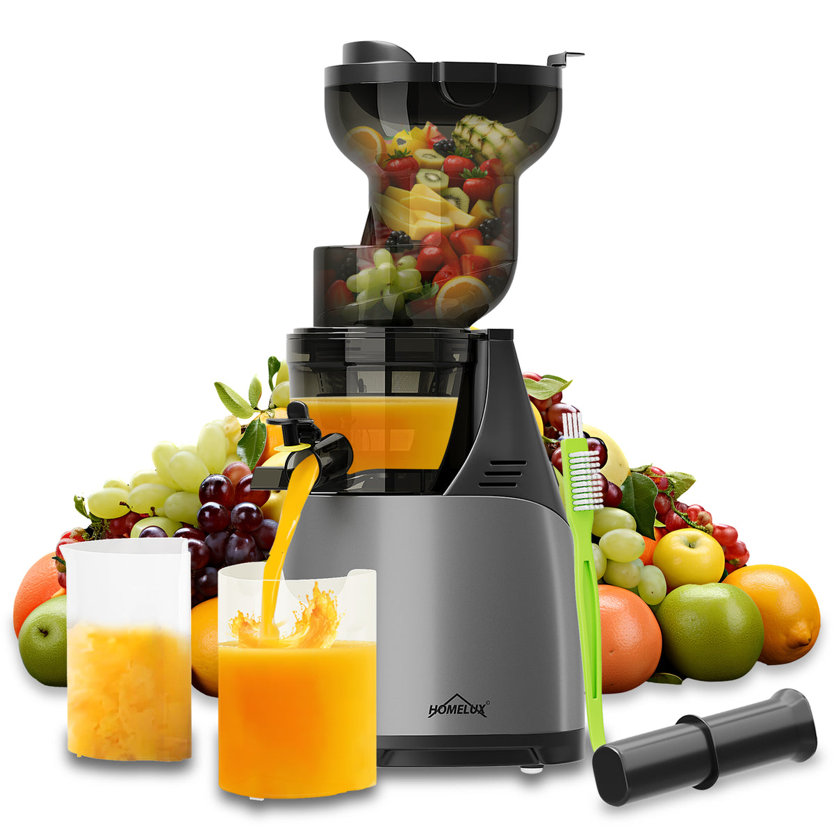 HOMELUX Slow Juicer Entsafter, 140mm XXL Einfüllschacht für ganze Früchte, 150W Kaltpresse Saftpresse, Hohe Saftausbeute