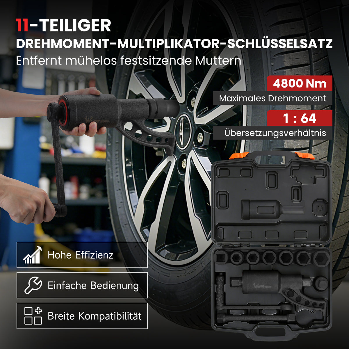 11-teilig Drehmomentvervielfältiger 4800 Nm 1:64 Drehmomentverstärker Radmutternschlüssel Lkw Werkzeug-Set mit Koffer