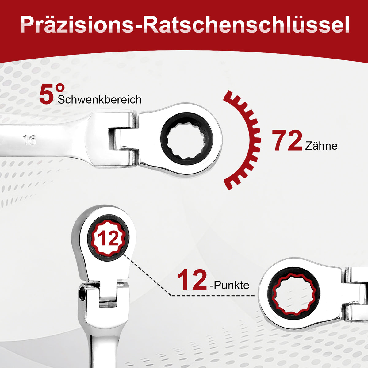 22-teiliges Gelenk-Ratschenschlüssel-Set 180° flexibler Kopf, 72 Zähne, Chrom-Vanadium, 6-32 mm, mit Werkzeugkoffer