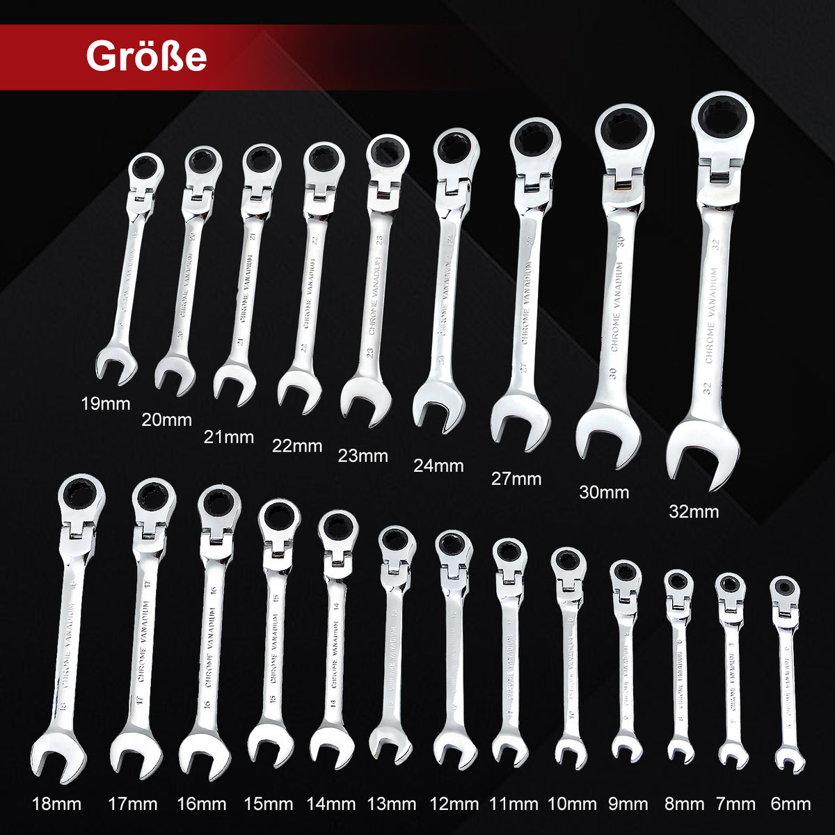 22-teiliges Gelenk-Ratschenschlüssel-Set 180° flexibler Kopf, 72 Zähne, Chrom-Vanadium, 6-32 mm, mit Werkzeugkoffer
