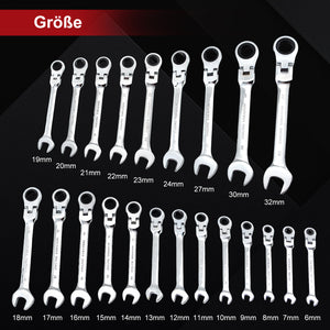 22-teiliges Gelenk-Ratschenschlüssel-Set 180° flexibler Kopf, 72 Zähne, Chrom-Vanadium, 6-32 mm, mit Werkzeugkoffer