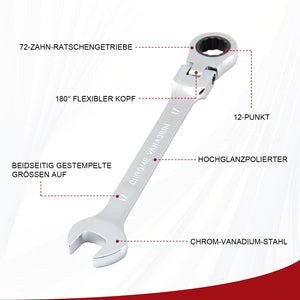 22-teiliges Gelenk-Ratschenschlüssel-Set 180° flexibler Kopf, 72 Zähne, Chrom-Vanadium, 6-32 mm, mit Werkzeugkoffer