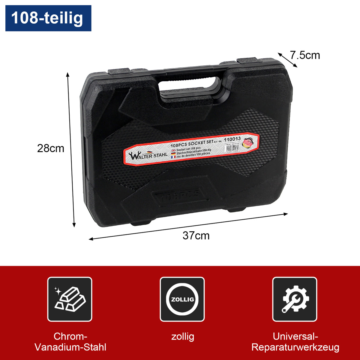 108-teiliger Steckschlüsselsatz Chrom-Vanadium-Stahl Knarrenkasten Ratschenkasten mit Werkzeugkoffer 1/4 und 1/2 Zoll