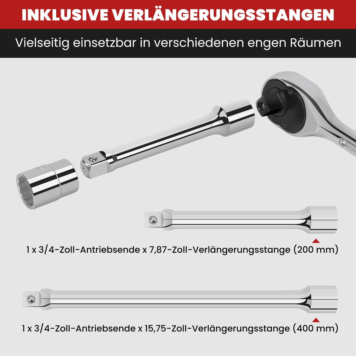 16-teiliger 3/4 Zoll Steckschlüsselsatz CR-V Stahl, Teleskop-Ratsche, 12-Kant Nüsse 19-50mm, Koffer für LKW Kfz-Reparaturen