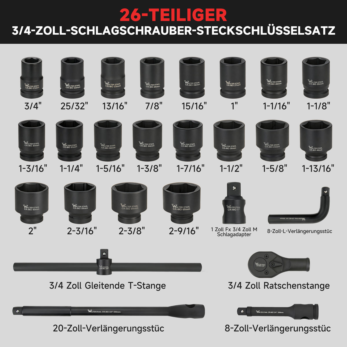 26-tlg. 3/4" Schlagschrauber Steckschlüsselsatz Cr-Mo SAE | Kraftnuss-Set für LKW & Traktoren
