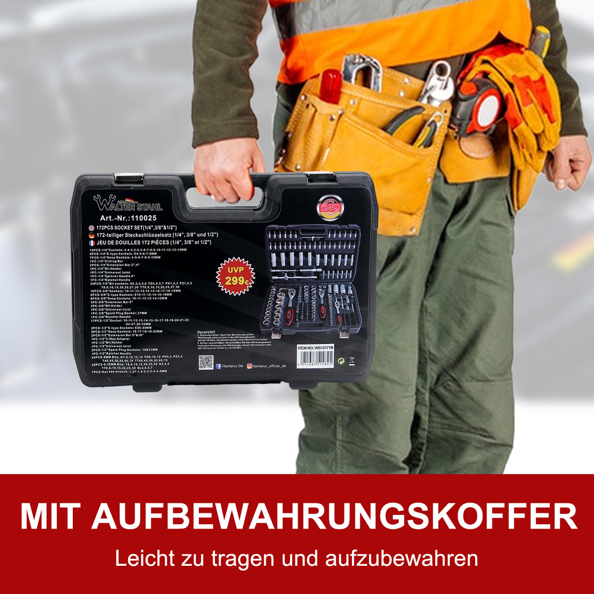 172-teiliger Steckschlüsselsatz aus Chrom-Vanadium-Stahl mit Ratschen, Bits und umfangreichem Zubehör im Koffer