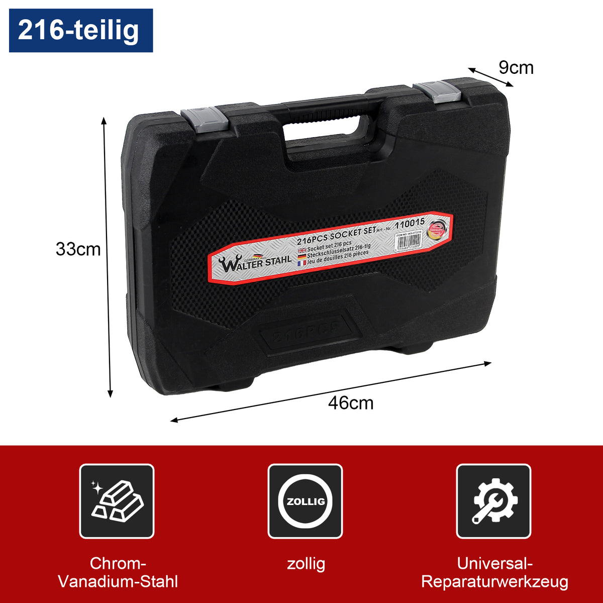 Werkzeugkoffer 216-teilig, zölliger Steckschlüsselsatz aus Chrom-Vanadium-Stahl mit 72-Zahn-Ratschen & Maulschlüsseln