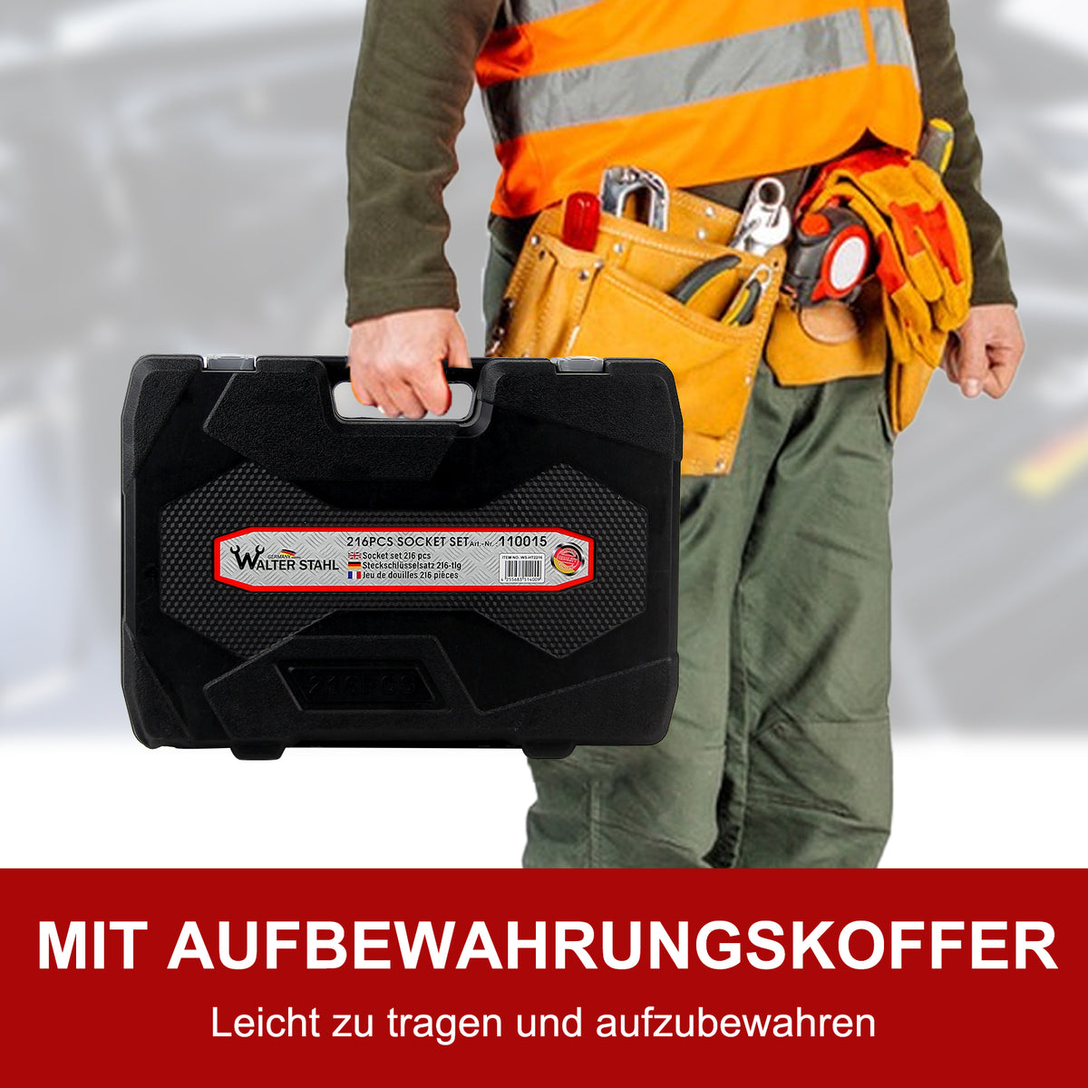 Werkzeugkoffer 216-teilig, zölliger Steckschlüsselsatz aus Chrom-Vanadium-Stahl mit 72-Zahn-Ratschen & Maulschlüsseln