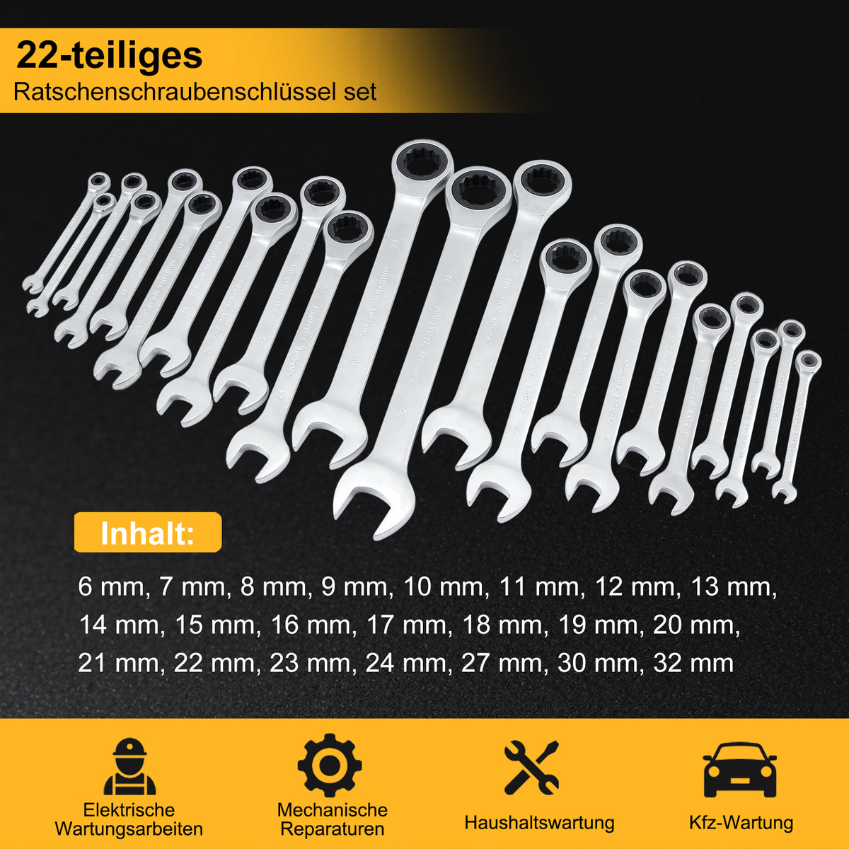 22-tlg. Ratschenschlüsselset, Maul-Ringschlüssel Ratschenschlüssel-Set 6-32 mm