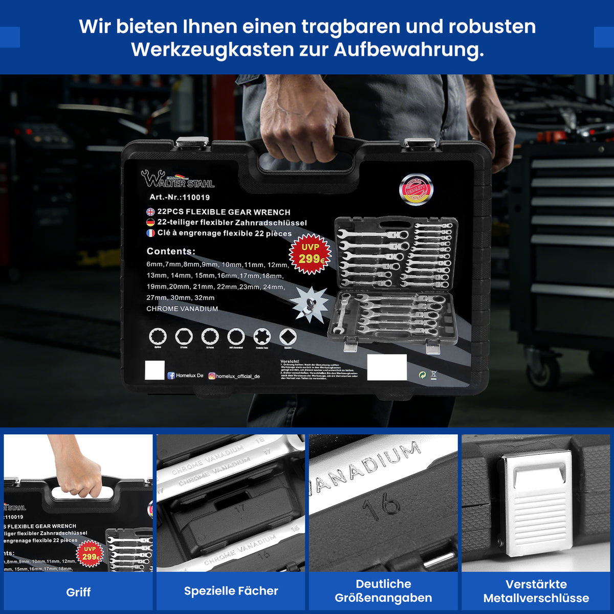 22 tlg. Gelenk Ratschenschlüssel Set 6-32mm Flexibel 72 Zähne Chrom Vanadium Knarrenschlüssel im Koffer