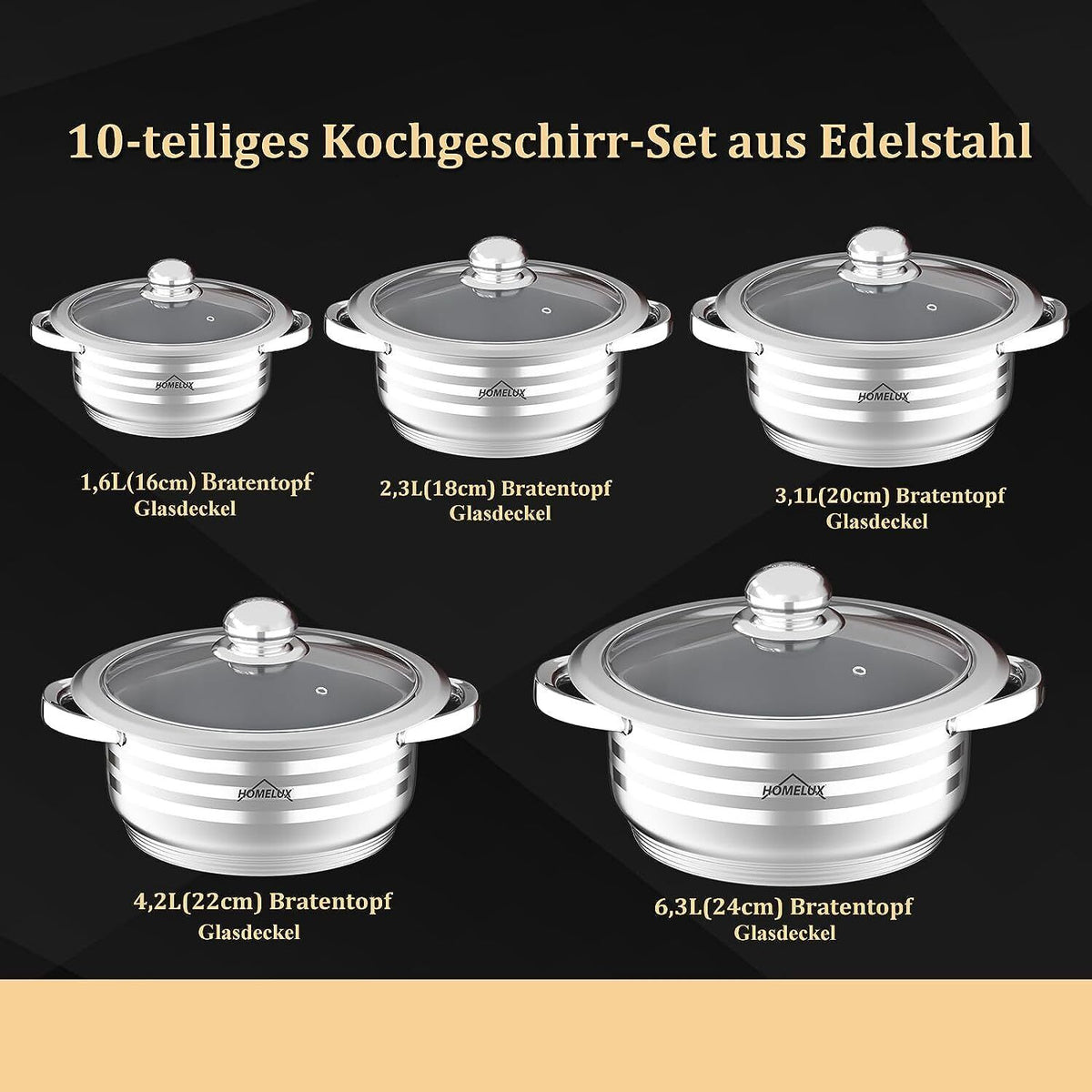 Pot set induction stainless steel cooking pot 10-piece with glass lid for all types of stoves 