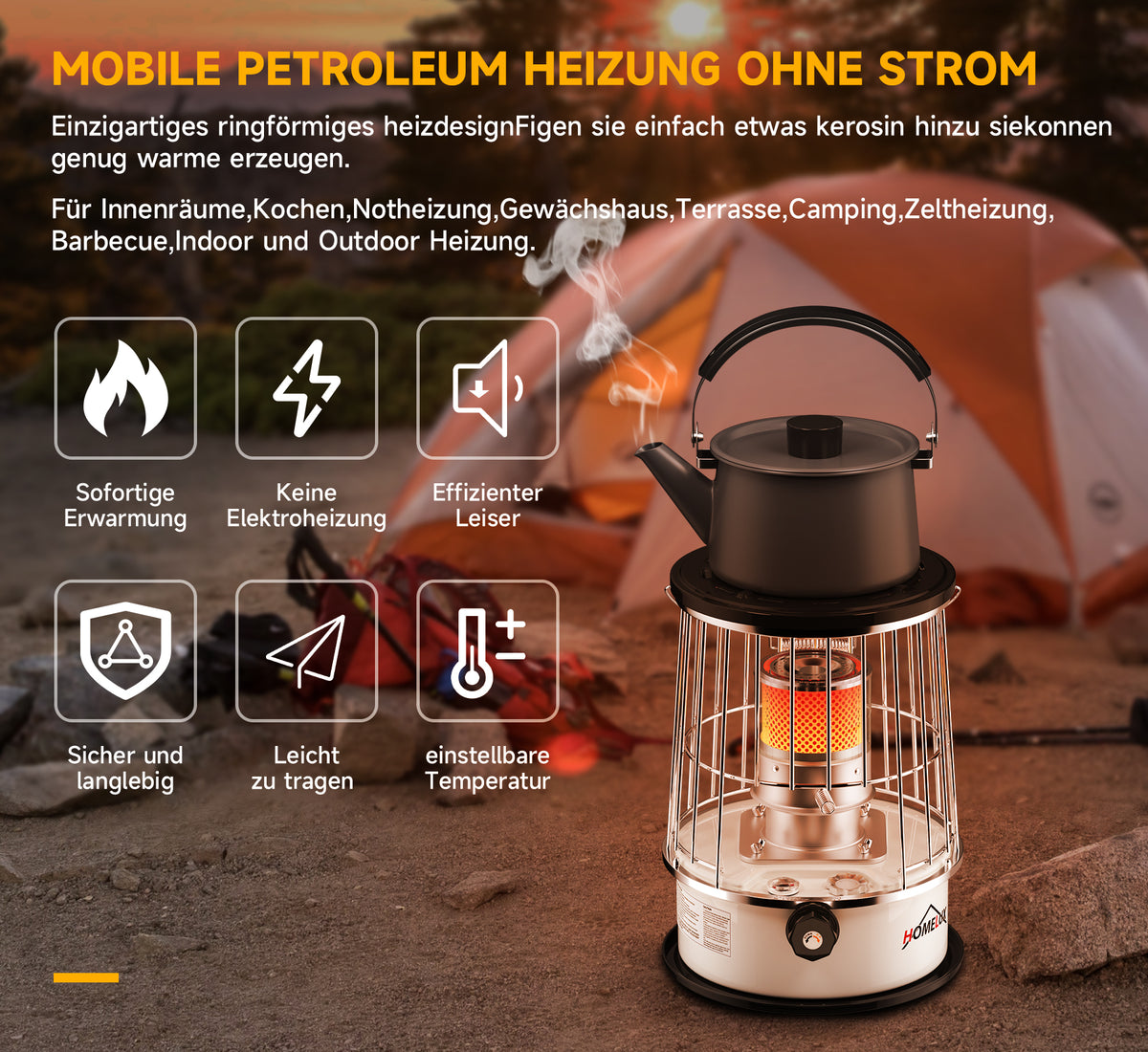 Homelux 6L Petroleumofen, 9.000 BTU/h, ohne Strom, mobil, 20㎡ Heizbereich, mit Kleidersack, gehärtetem Glas-Schornstein