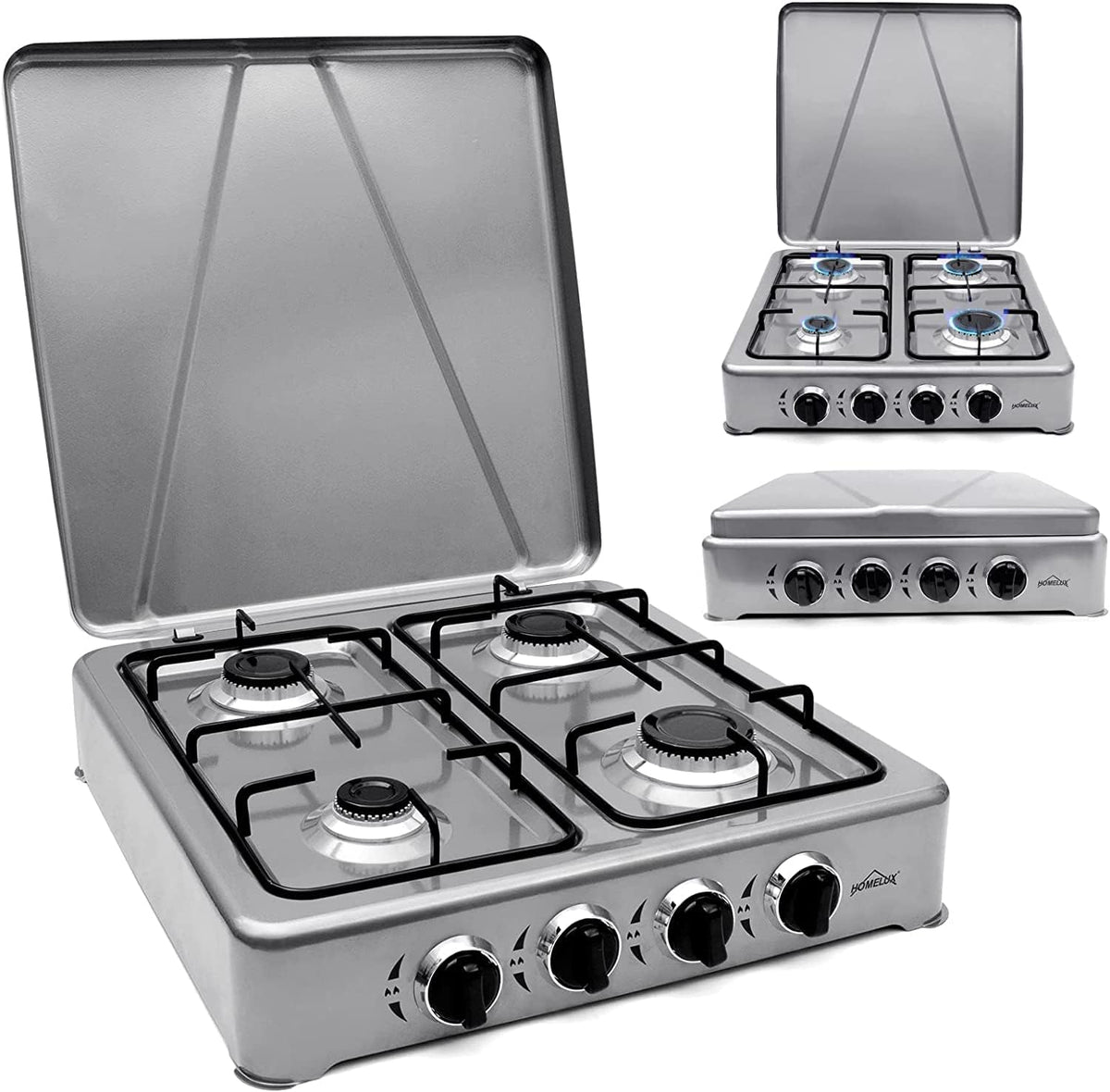 HOMELUX Gaskocher 4 flammig Campingkocher mit Deckel 6,2 kW Kocher Gas Herd Outdoor