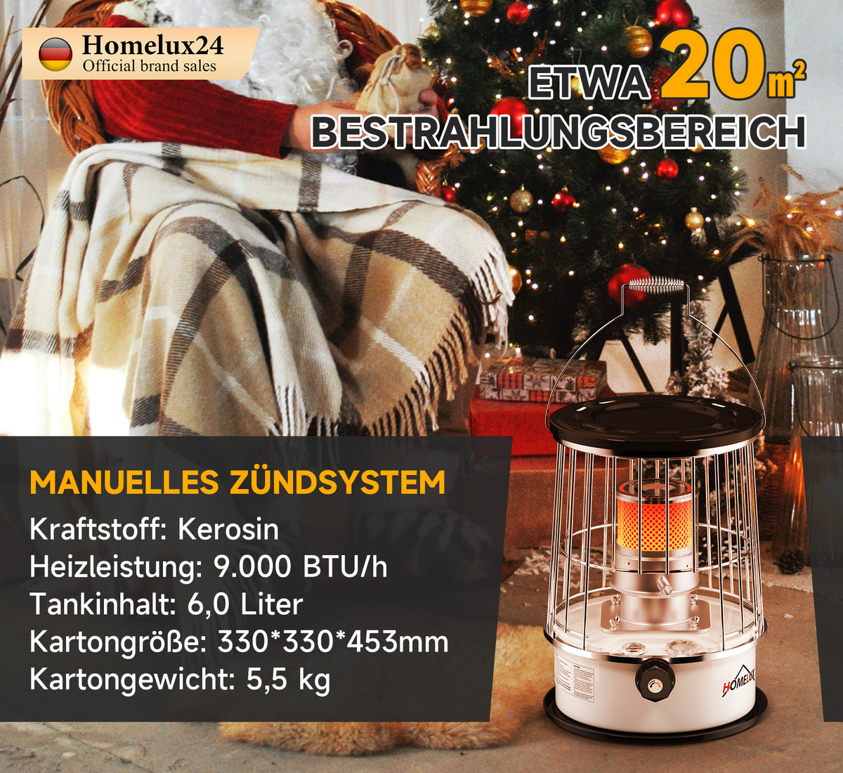 Homelux 6L Petroleumofen, 9.000 BTU/h, ohne Strom, mobil, 20㎡ Heizbereich, mit Kleidersack, gehärtetem Glas-Schornstein