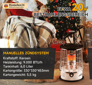 Homelux 6L Petroleumofen, 9.000 BTU/h, ohne Strom, mobil, 20㎡ Heizbereich, mit Kleidersack, gehärtetem Glas-Schornstein